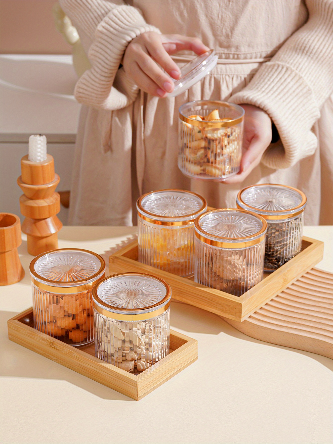 ORNAMI Set of 6 Glass Clear Airtight Spice Jars with Eco-friendly Natural Bamboo  Lid and Round Turntable Bamboo Stand, 100ml