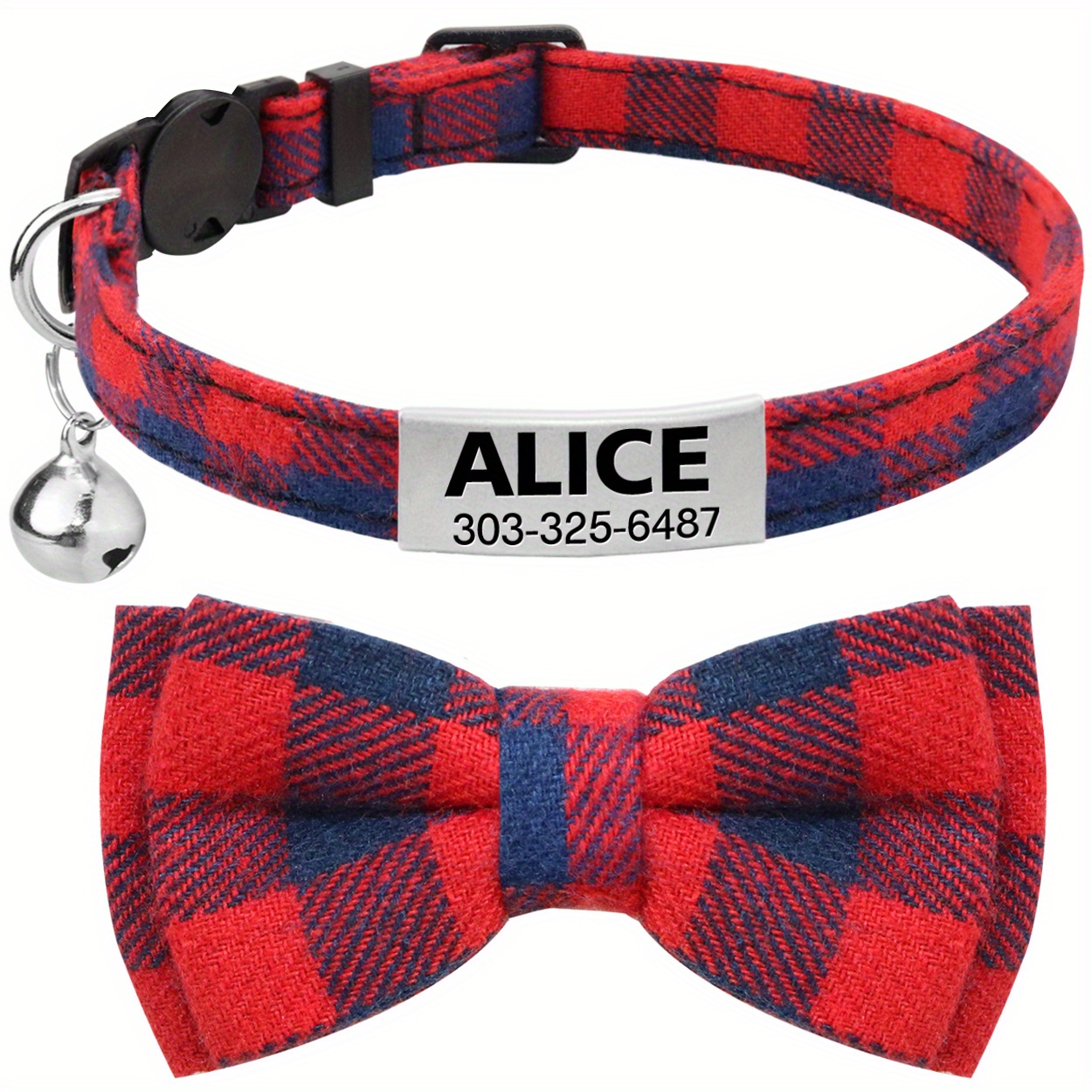 1pc Blue Checkered Pet Collar With Bow Tie, Bell For Cats And Dogs