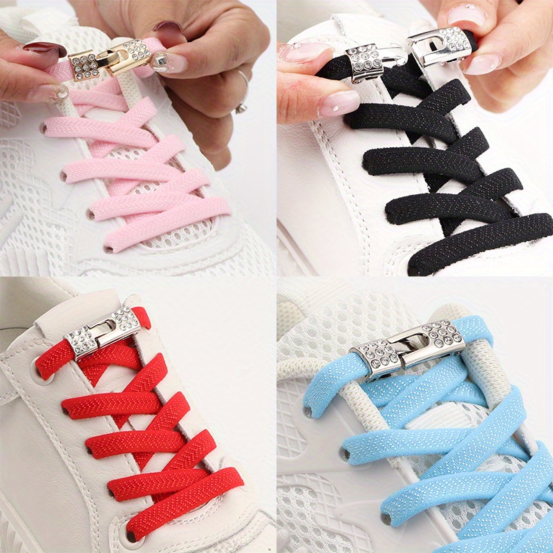1pair Rhinestone Decor No-tie Shoelaces With Buckle, Polyester Fashionable Accessories For Sneakers