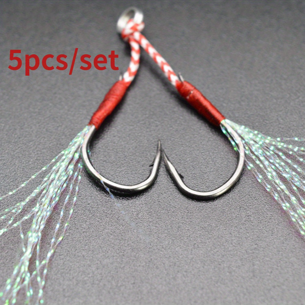 Generic 20pcs Assist Hook Fishing Lure Slow Jigging Solid Cast Jigs Barbed  Single Jig Hooks Thread Feather Pesca High Carbon Steel Peche