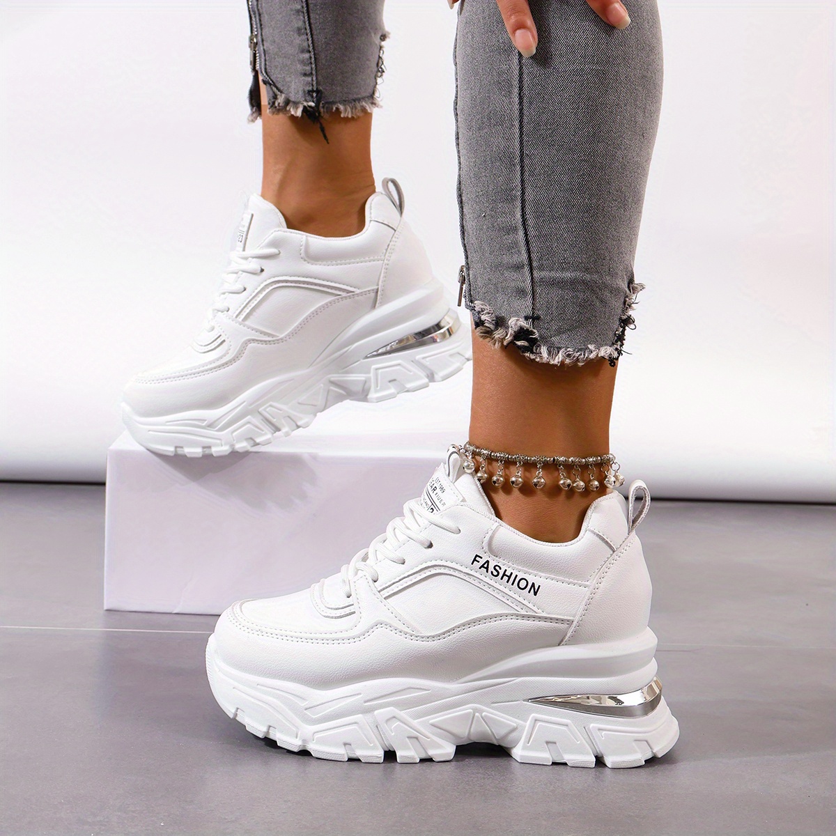 Women's Lace Thick Sole Chunky Sneakers Trendy Height - Temu Canada