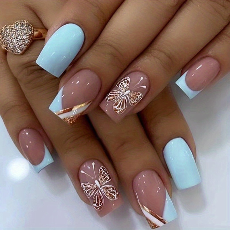 Medium Square Press Nails blue Fake Nails Butterfly Design - Temu