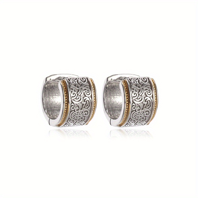 2pcs/a Pair Retro Fashion Hoop Earrings Engraved Pattern Inlaid Golden Color Lace Earrings Are Suitable For Daily Men And Women
