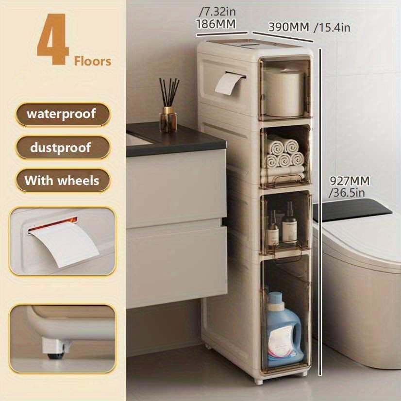 Narrow Side Cabinet Shelf Crevice Storage Waterproof Cabinet Toilet Storage  Rack with Wheels, with Storage Toilet Paper, Detergent, Bathroom Kitchen
