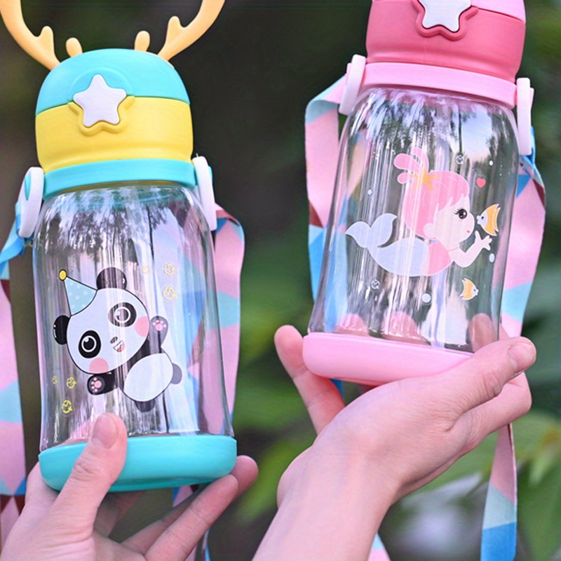 480ML/16.23OZ Kids Cartoon Print Straw Water Bottle Plastic Sippy