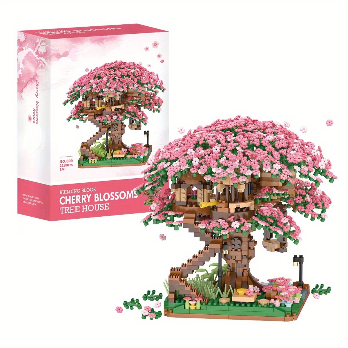 2028個のピンクのサクラツリーハウスビルディングブロック - 桜のDIYおもちゃ、レゴセットとは互換性がありません)