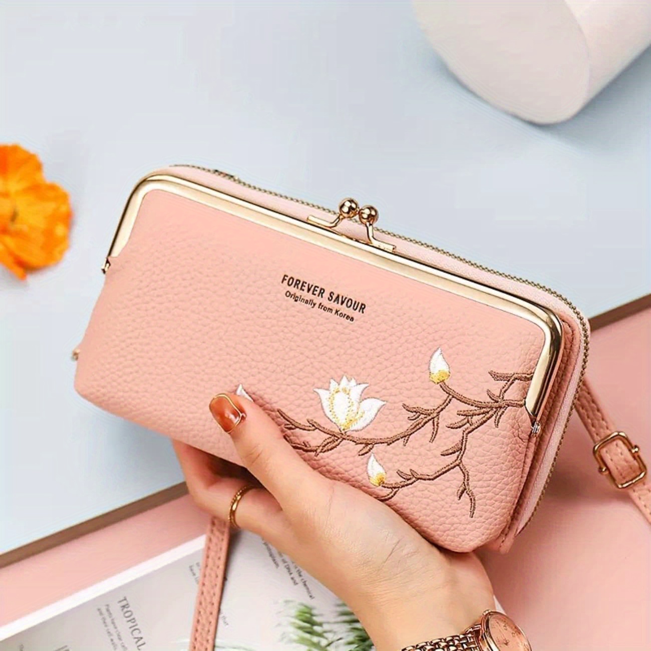 Flower Embroidery Coin Purse, Fashion Kiss Lock Wallet, Mini Pu Leather  Card Holder - Temu Japan