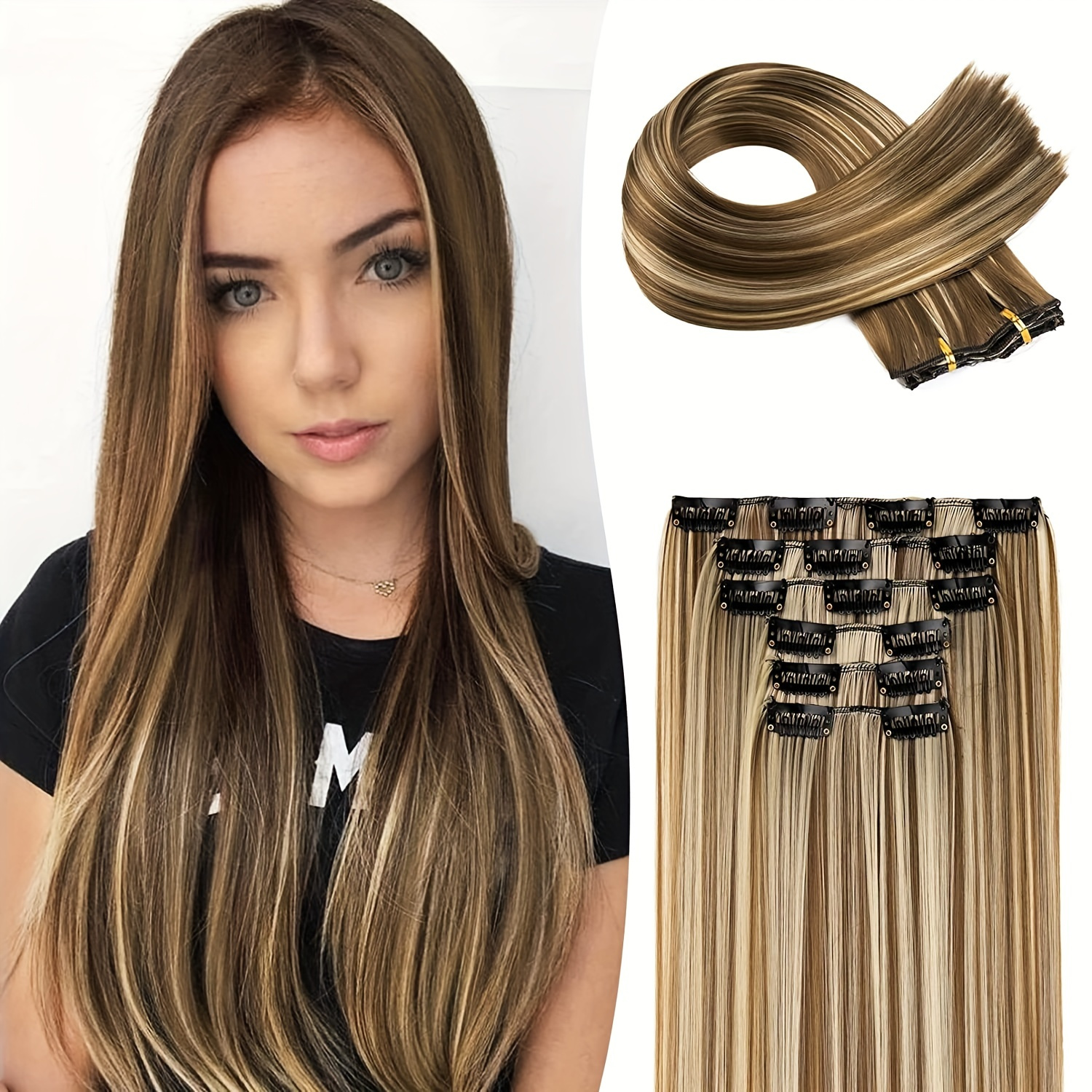 TEMU 6pcs Heat Resistant Clip-on Straight Hair Extensions - Long-lasting Synthetic Fiber Pieces For Women Hair Accessories