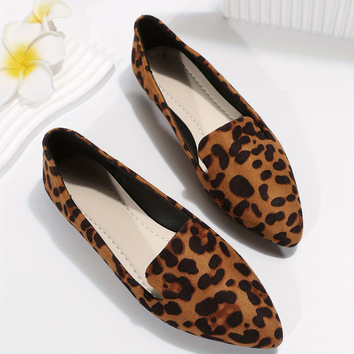 Women's Leopard Print Flat Shoes Pointed Toe Soft Sole Micro - Temu