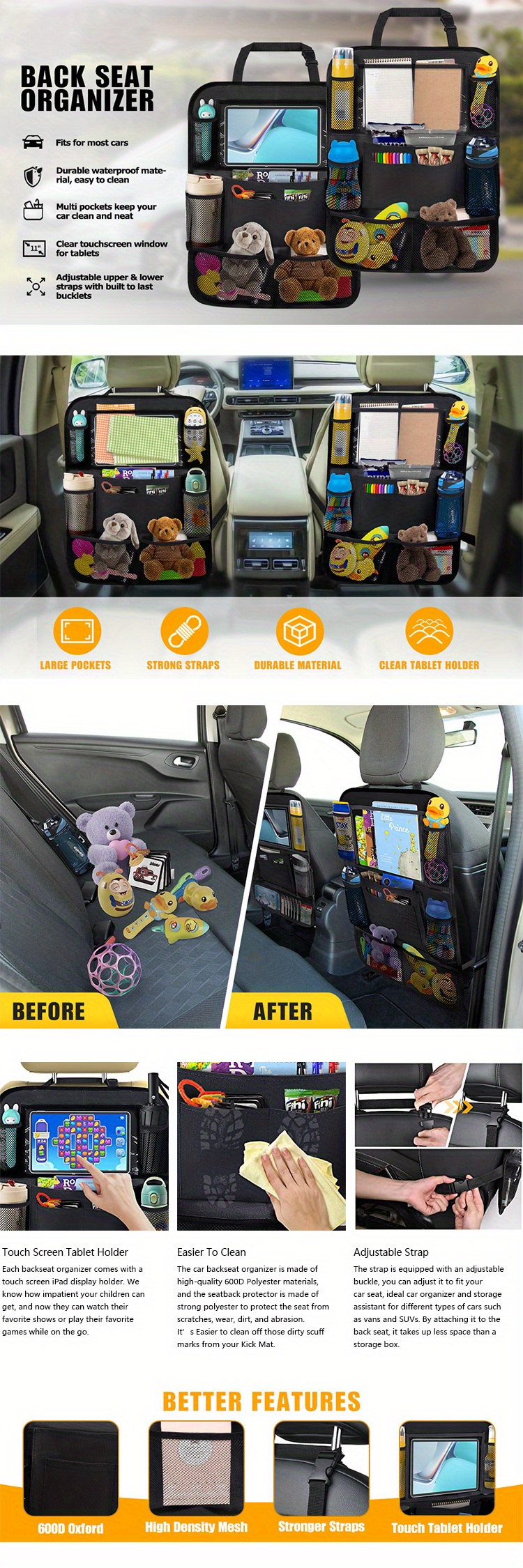 Helteko Backseat Car Organizer, Kick Mats Back Seat Protector with Touch  Screen Tablet Holder, Back Seat Organizer for Kids, Travel Accessories with  9