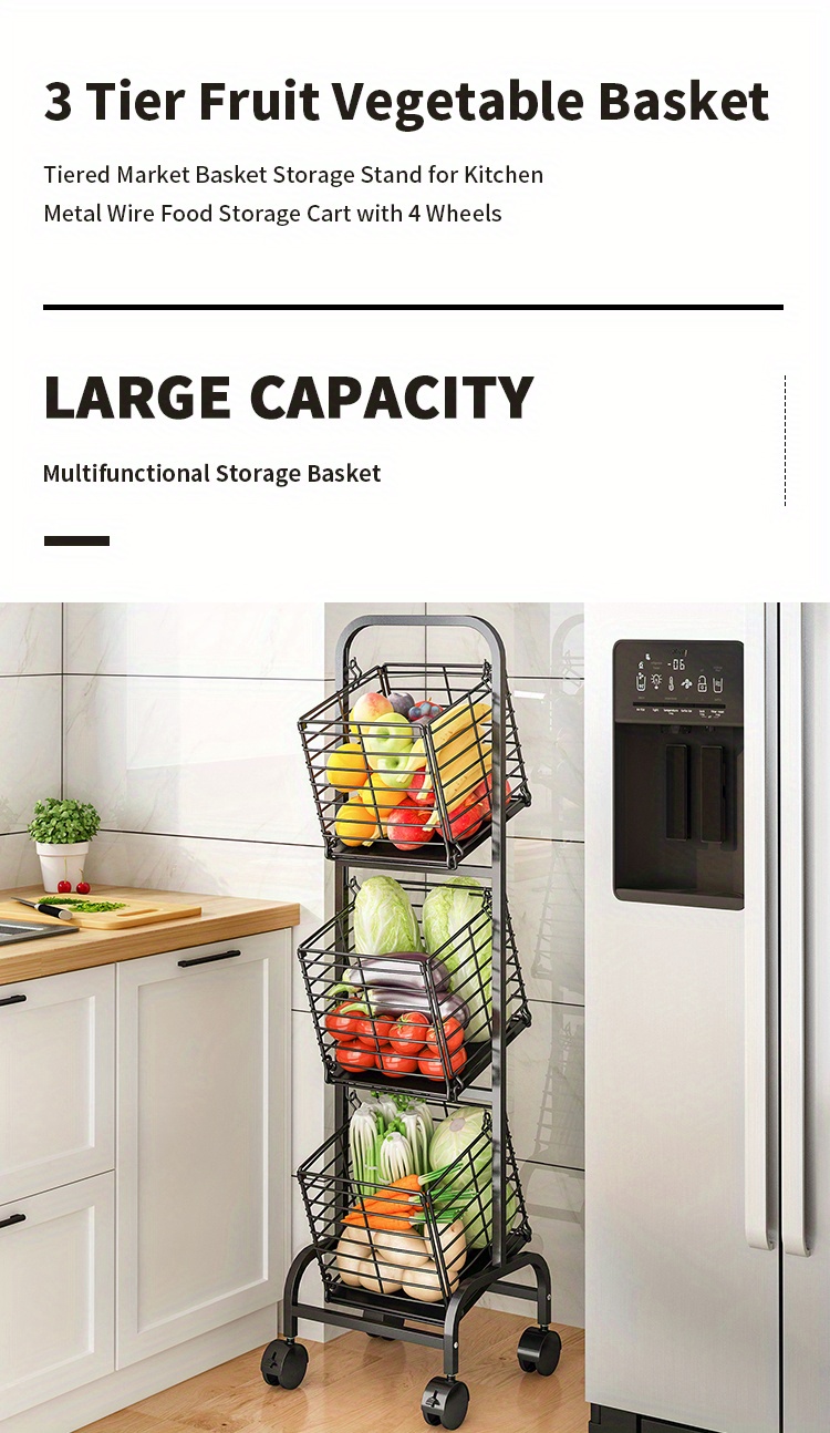 4 Tier Fruit Storage Basket Stand Kitchen Rolling Cart Vegetable