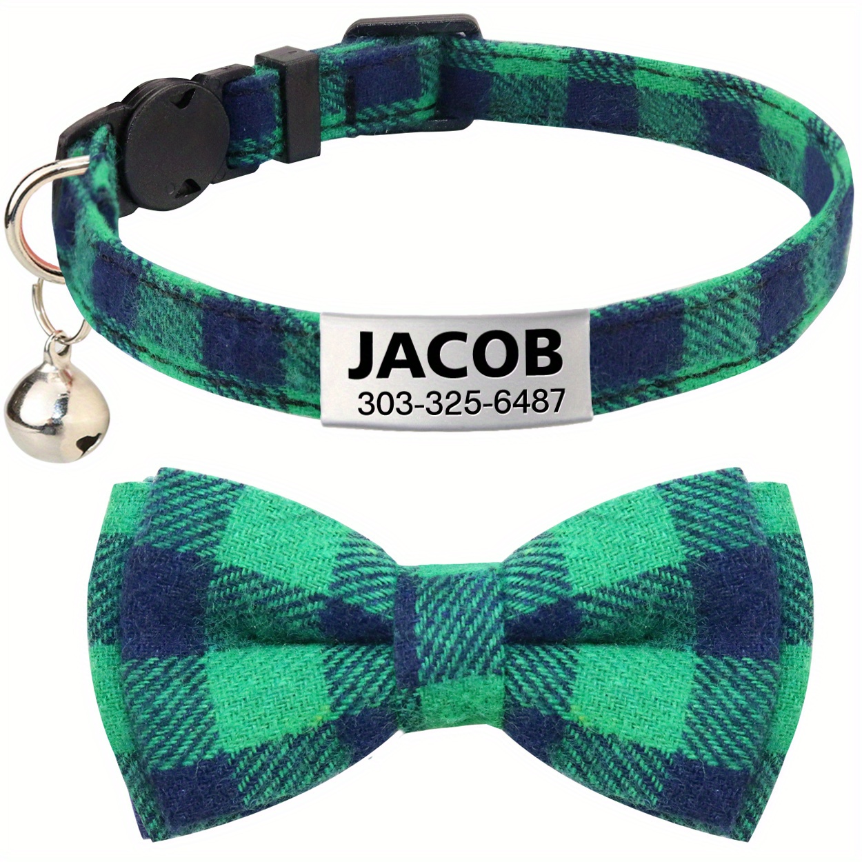 1pc Blue Checkered Pet Collar With Bow Tie, Bell For Cats And Dogs