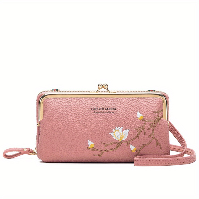 Flower Embroidery Coin Purse, Fashion Kiss Lock Wallet, Mini Pu Leather  Card Holder - Temu