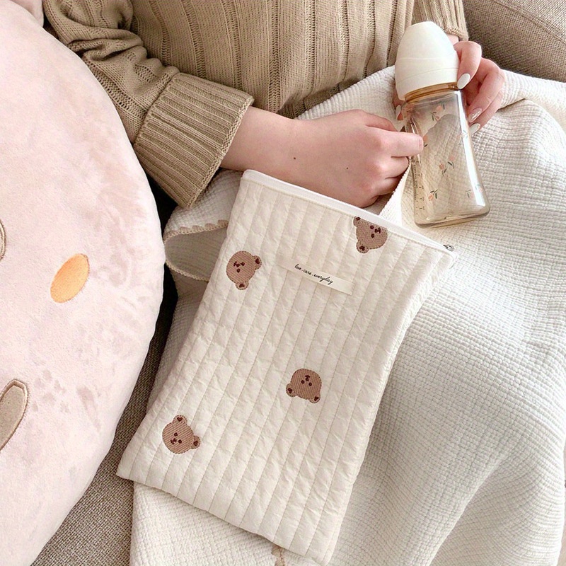 cute quilted cotton embroidered tote bag   mommy on the   wipe storage portable coin purse embroidered bear key   stroller bag details 0