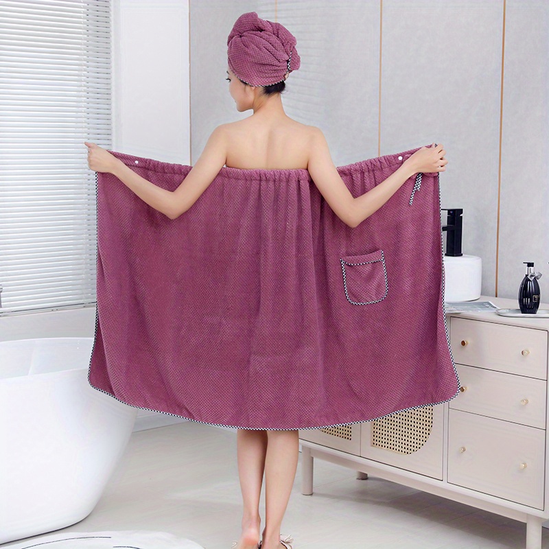 1 toalla de baño de color sólido, toalla de baño portátil con decoración de  lazo para mujer, albornoz de spa de ducha ajustable, vestido de ducha con