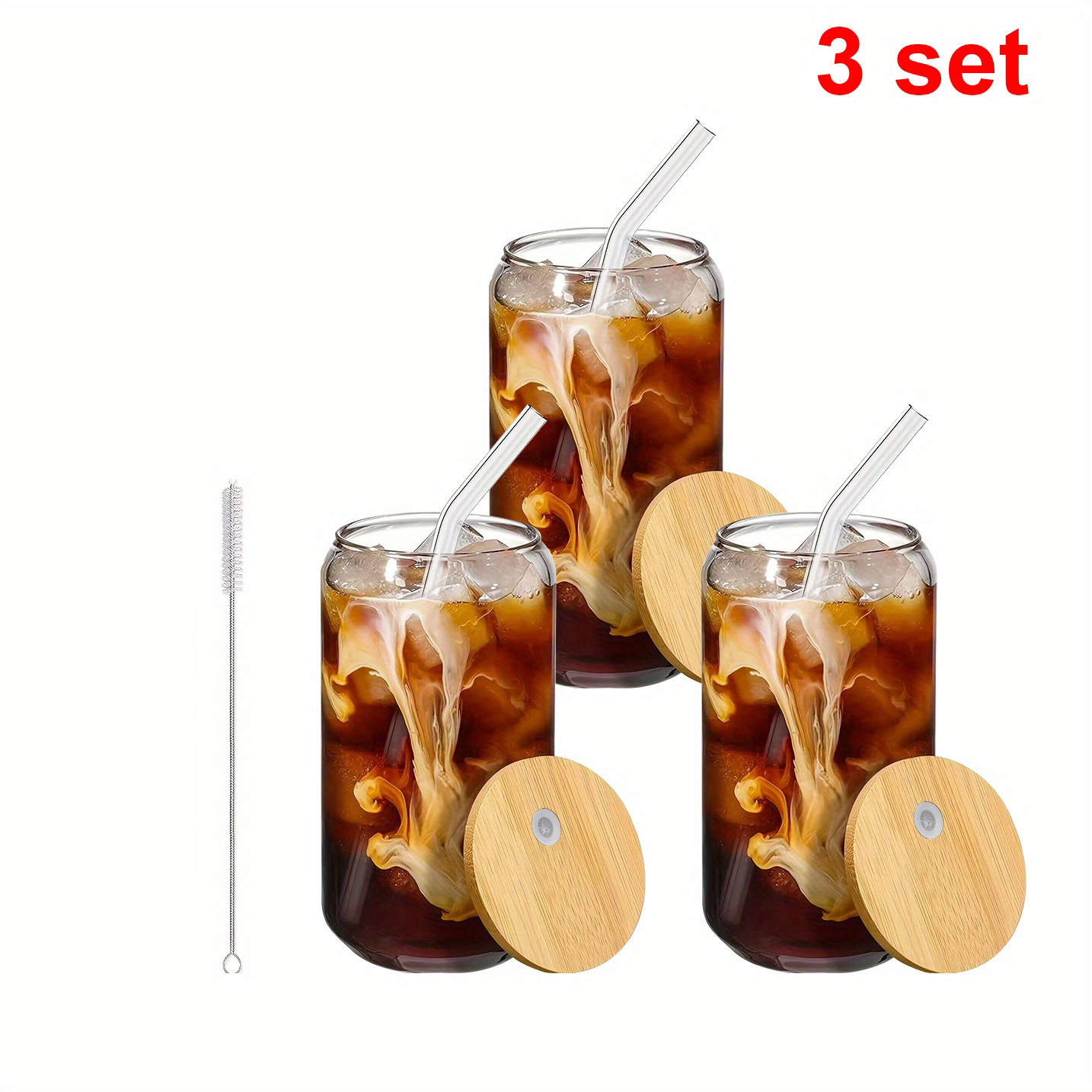 1PC 20oz Beer Can Glass with Bamboo Lid and Glass Straw, Drinking Glass  with Lid and Straw, Can Shaped Glass Cups, Iced Coffee Cup, Beer Glasses,  Ideal for Water, Soda, Tea, Gift