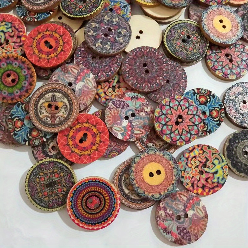 Retro Round Piece Wood Button Painted Print Two eye Wooden - Temu