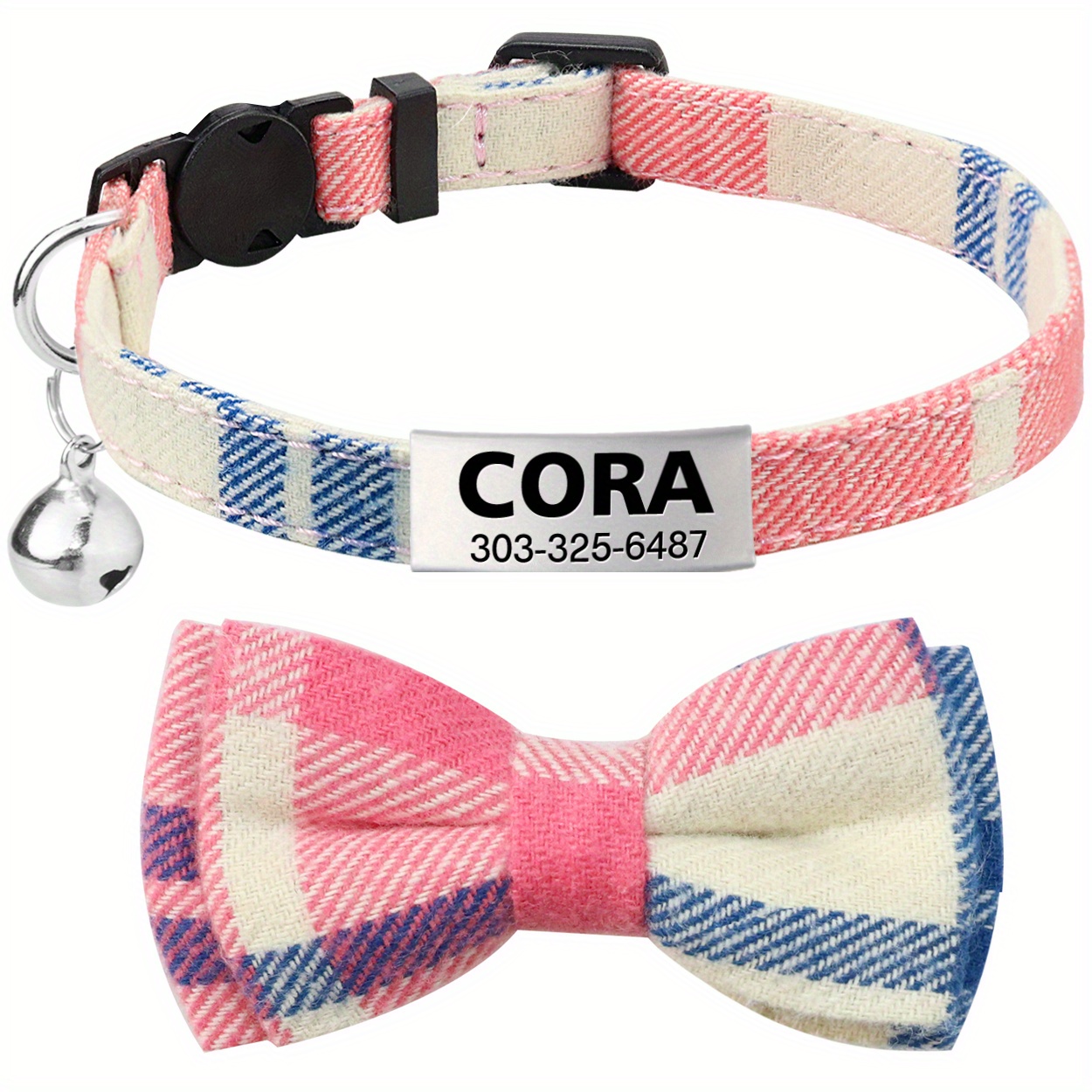 1pc Blue Checkered Pet Collar With Bow Tie, Bell For Cats And Dogs