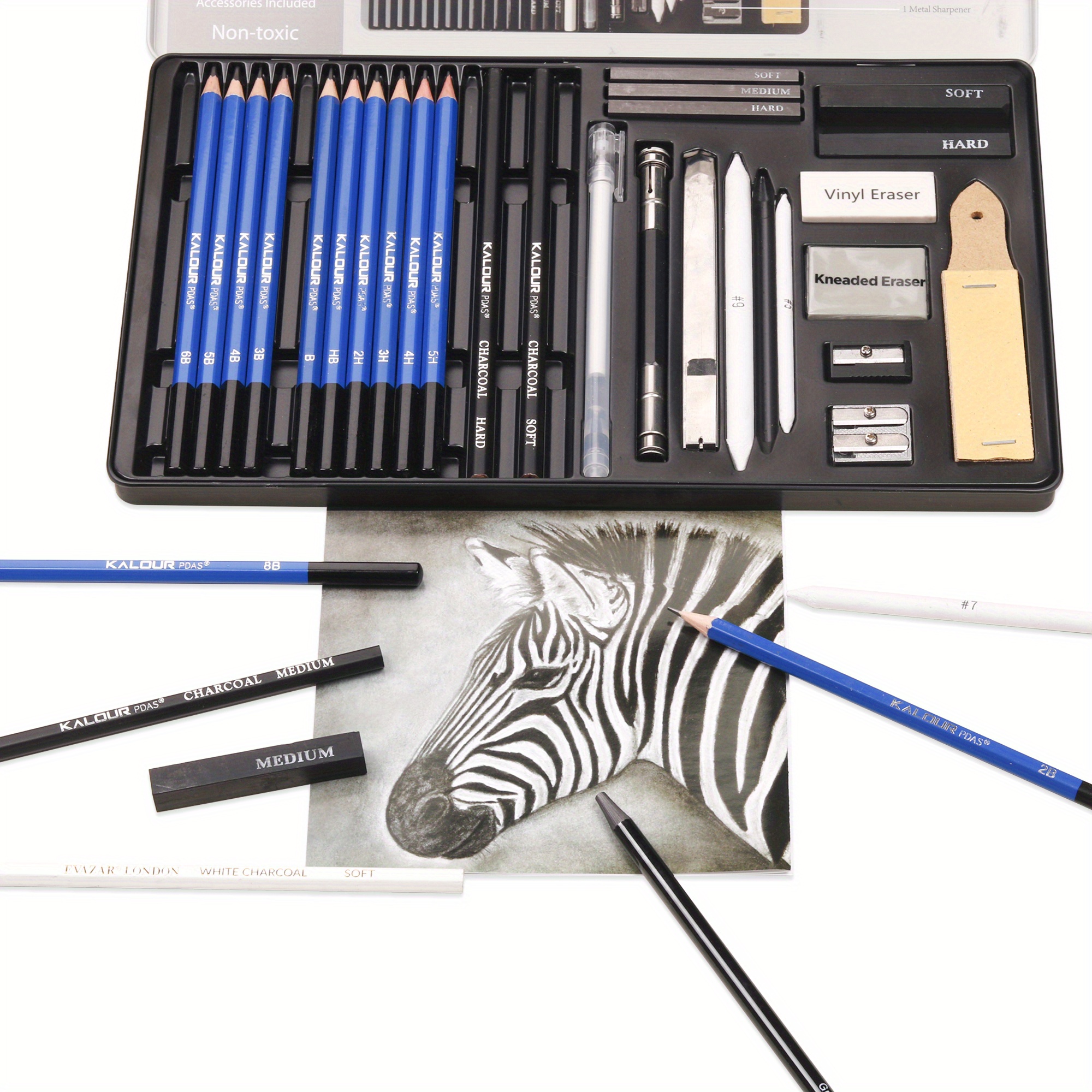 NYONI Sketching Pencils Set, Metal Box Packaging, Including Graphite  Pencils、Charcoal Pencils、Blending Stumps and other tools for drawing (A set  with
