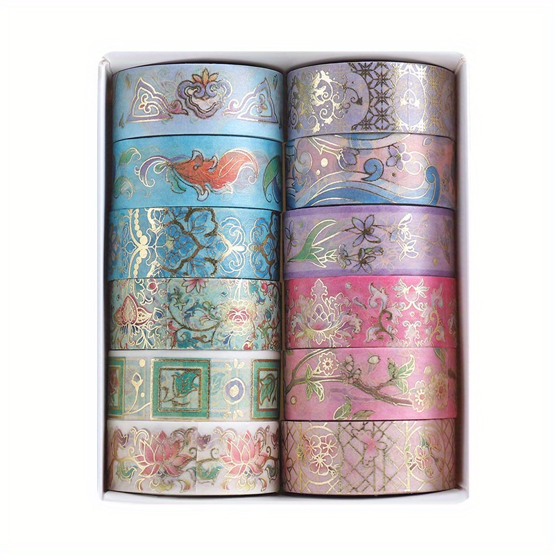 12 rolls 12 Rolls Flower Series Bronzing Washi Tape for Journals, Books, Scrapbooking - 1.5cm x 2m