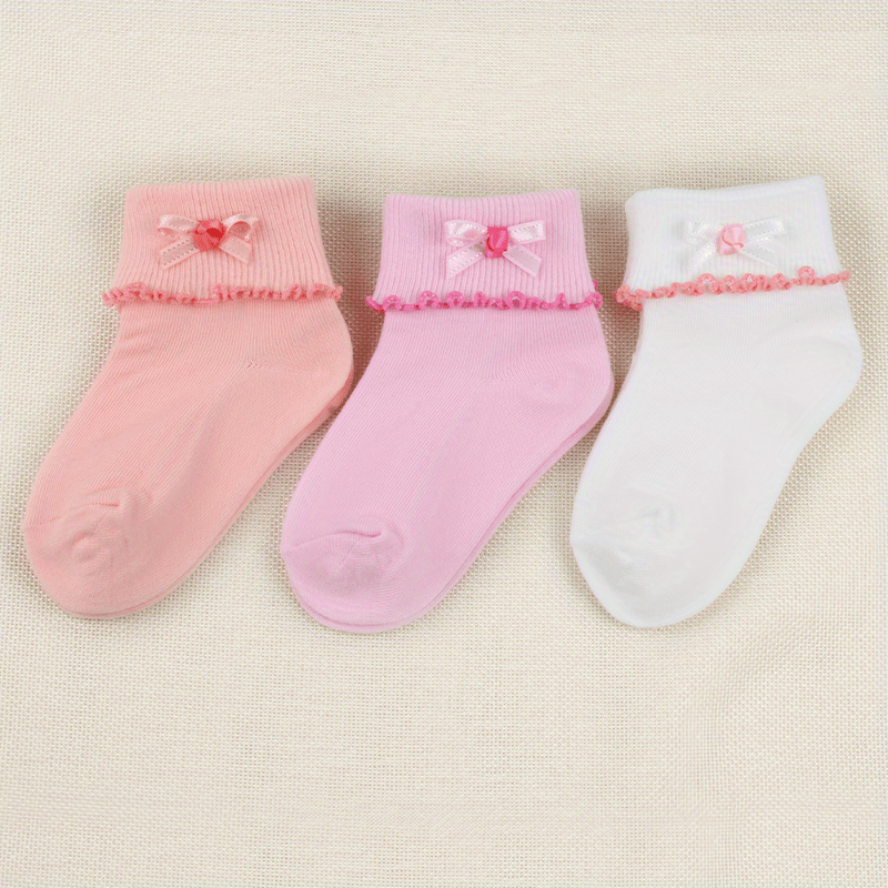 3 Pairs Girls Bowknot Lace Crew Socks