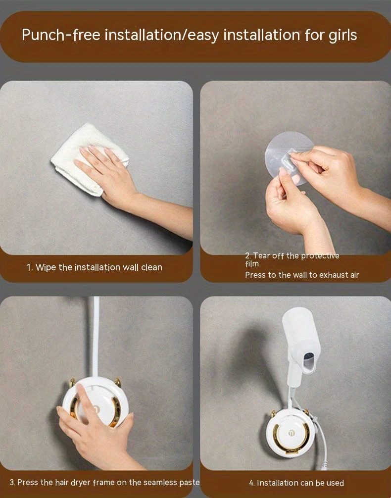 1pc universal traceless wall mounted hair dryer storage rack non punching bathroom hair dryer bracket 360 adjustable hands free plastic hair dryer holder bathroom accessories details 0