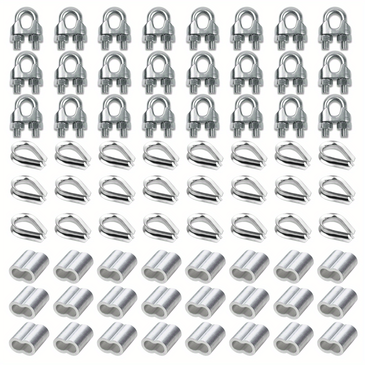 Aifeier et 304 Stainless Steel Wire Rope Accessory Set M6 Cable Clamp Silver Thimble and Aluminum Crimping Loop for 1/4 inch Wire Rope Cable Thimbles