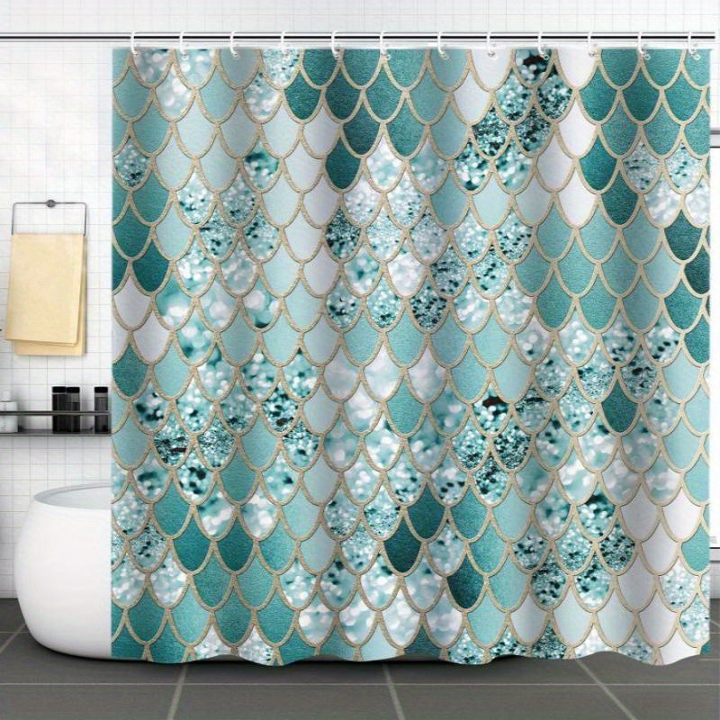Shower Curtain Mermaid Glitter Scales Pattern 12 Hooks - Temu