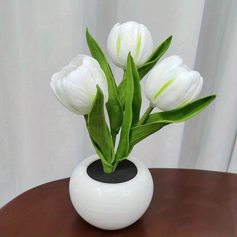 Elegante lámpara de mesa de flores de tulipán, seis ramas, tulipanes, luz  de noche LED, simulación de flores en maceta, regalo para su cumpleaños