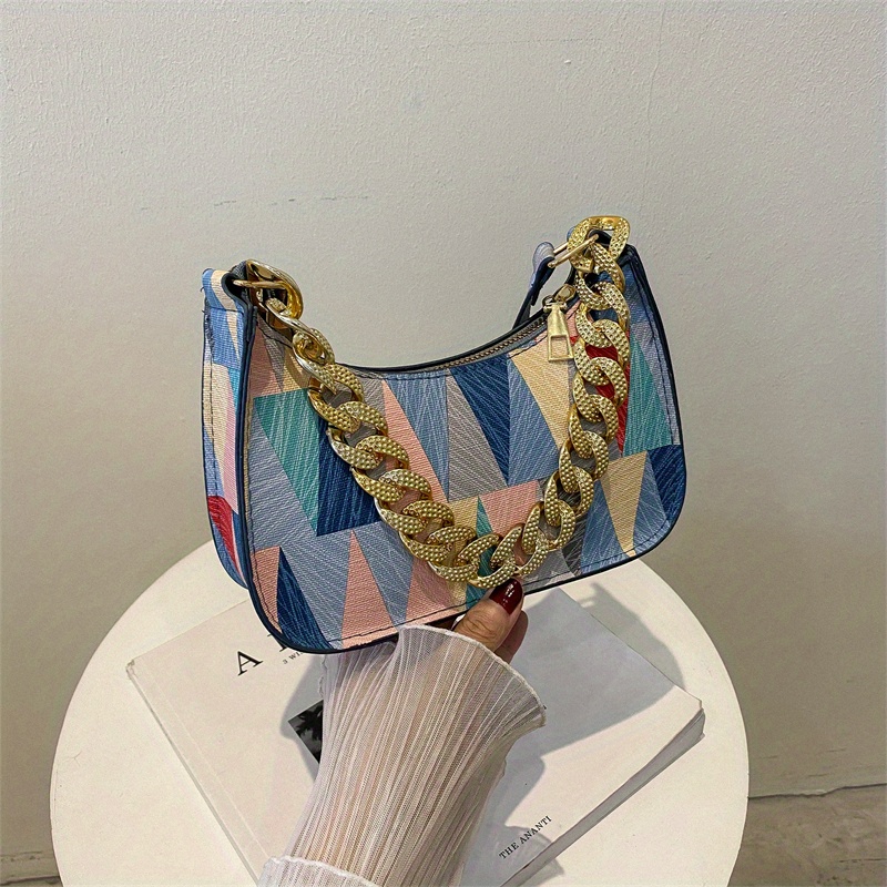 Geometric Pattern Shoulder Bag Colorful Zipper PU Leather Handbag