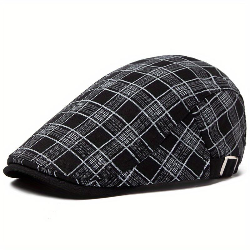 Image of Adjustable Vintage Beret Cap For - Cloth News Hat With Black & White Pattern, Casual Flat Cap For Spring, Autumn & Summer Newsboy Caps