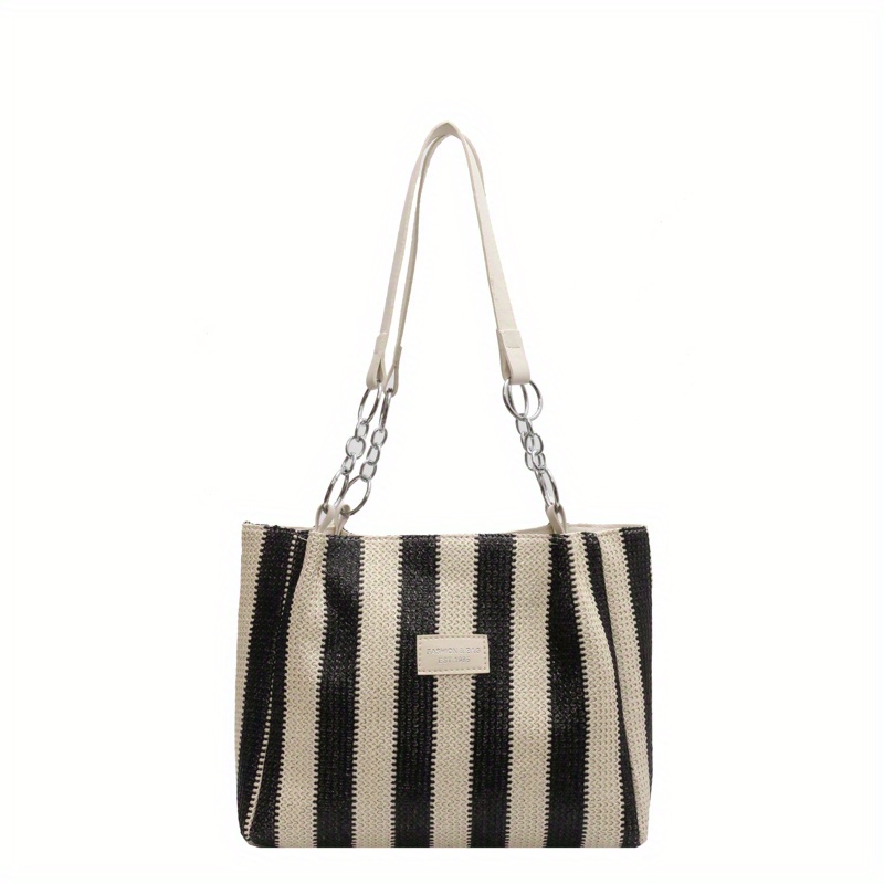 Fashion Striped Color Block Large Capacity Canvas Tote Bag Black, Simple  Versatile Women's Shopping Bag For Students