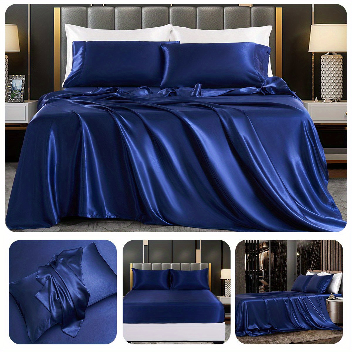 a set of 3 4 ordinary satin bed sheets without filling   1 fitted sheet and 1 flat sheet with 1   pillowcases no pillow inserts details 19