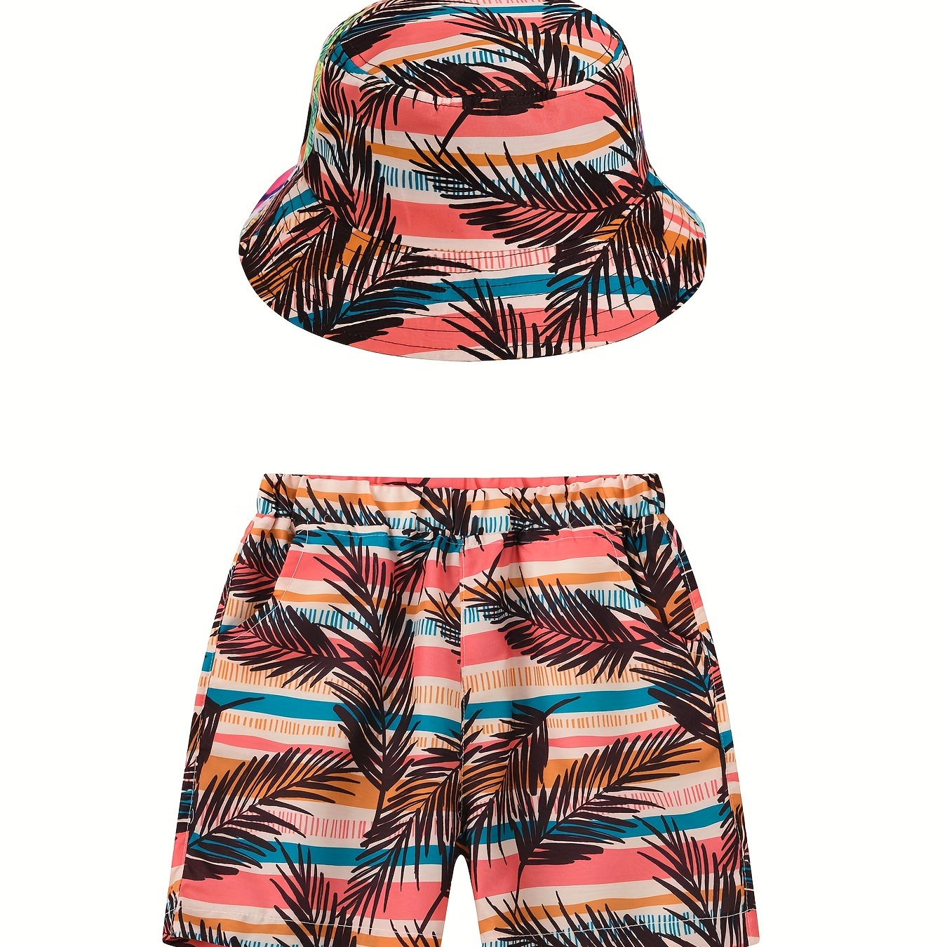 

Boy's Fashion Summer Coconut Tree Leaf Print Shorts With Sun Hat Two-piece Set