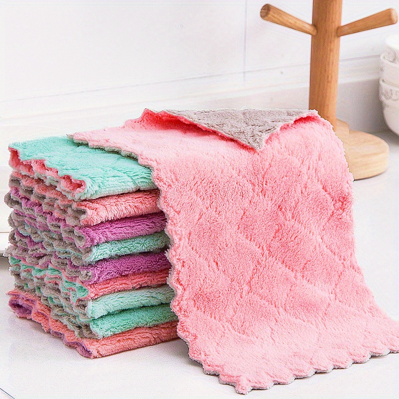 5pcs, Double-Sided Embossed Coral Fleece Dish Towels - Soft, Absorbent, and  Non-Shedding - Perfect for Kitchen Cleaning