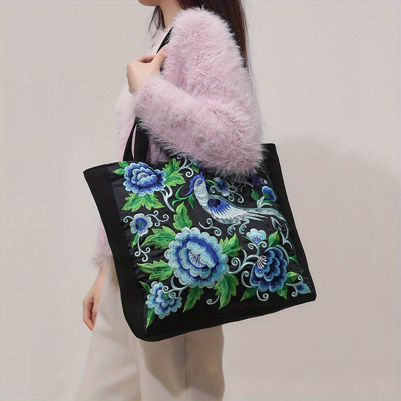 Hand Embroidery Rose Shoulder Bag Canvas Tote Bag With 