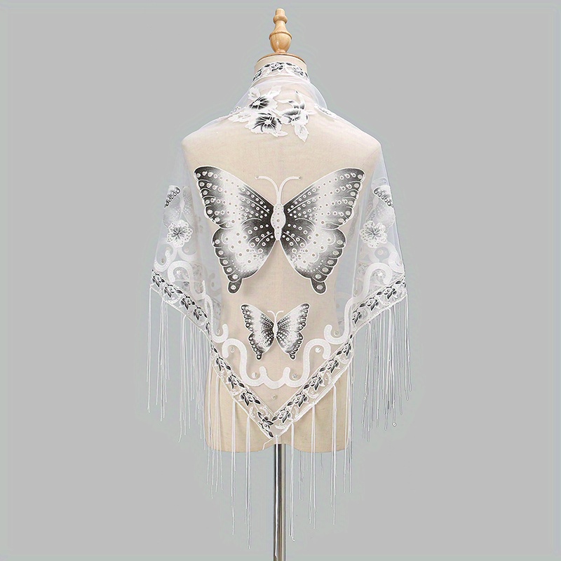 Butterfly Embroidered Tassel Shawl Triangle Scarf Lace Wrap for Party