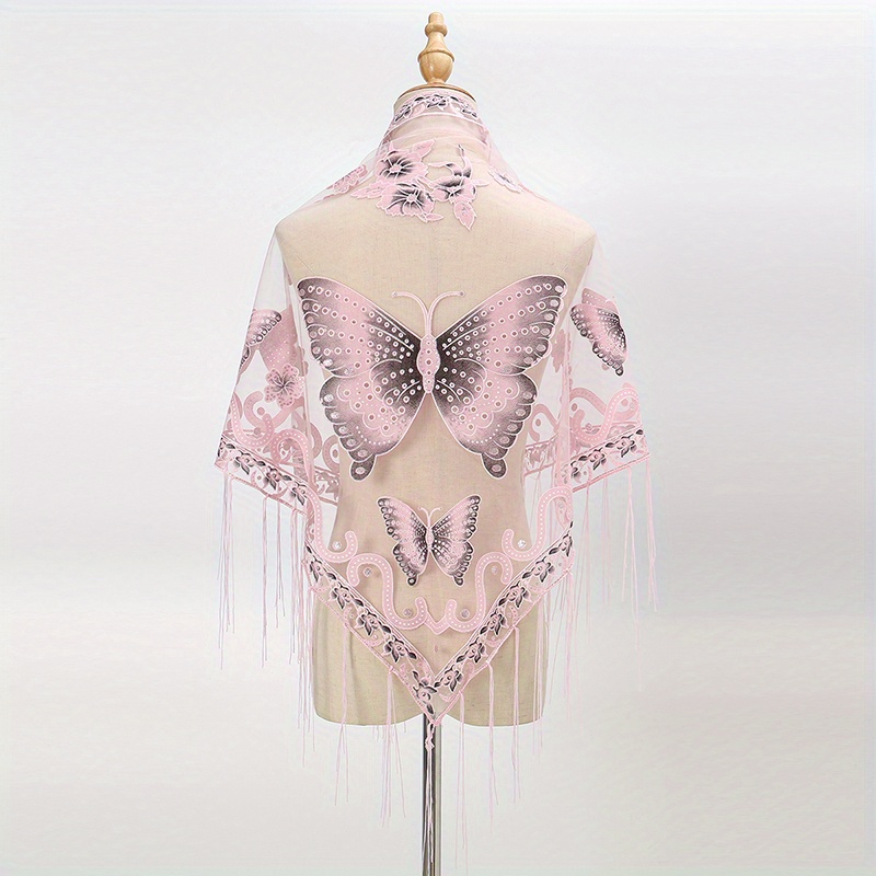 Butterfly Embroidered Tassel Shawl Triangle Scarf Lace Wrap for Party