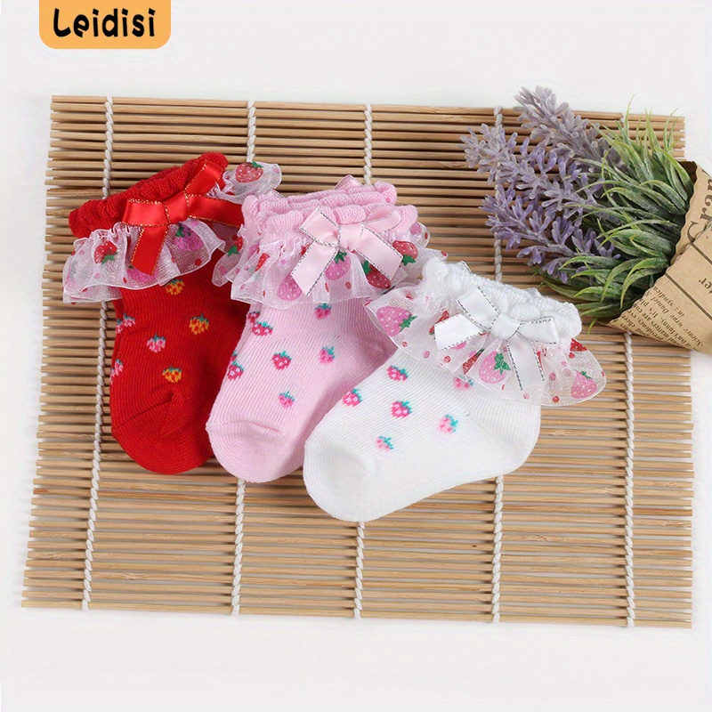 Image of 1pair/3 Pairs Of Lace Socks For Baby Girl, Strawberry Cartoon Patterned Socks, Bowknot Lace Socks