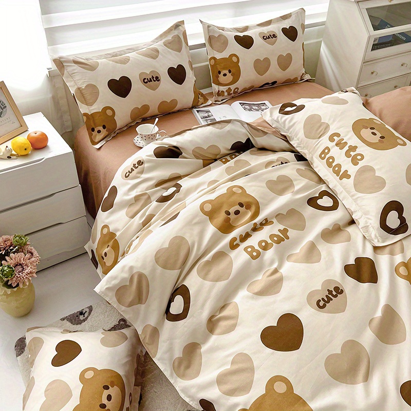 2 3pcs Heart Bear Printed Duvet Cover Set 1 Duvet Cover 1 2 Pillowcases Without Core And Quilt Core For Bedrooms Guest Rooms Bedding Set For All Seasons