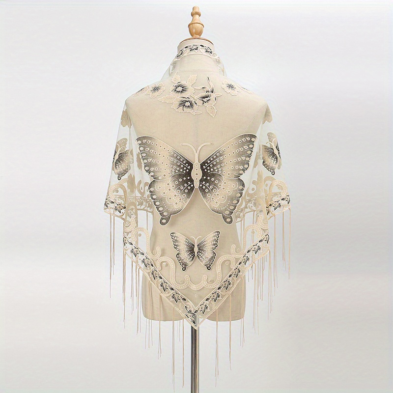 Butterfly Embroidered Tassel Shawl Triangle Scarf Lace Wrap for Party