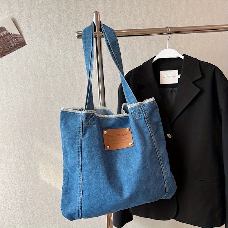 Large Capacity Denim Tote Bag, Fashion Retro Trim Shoulder Bag