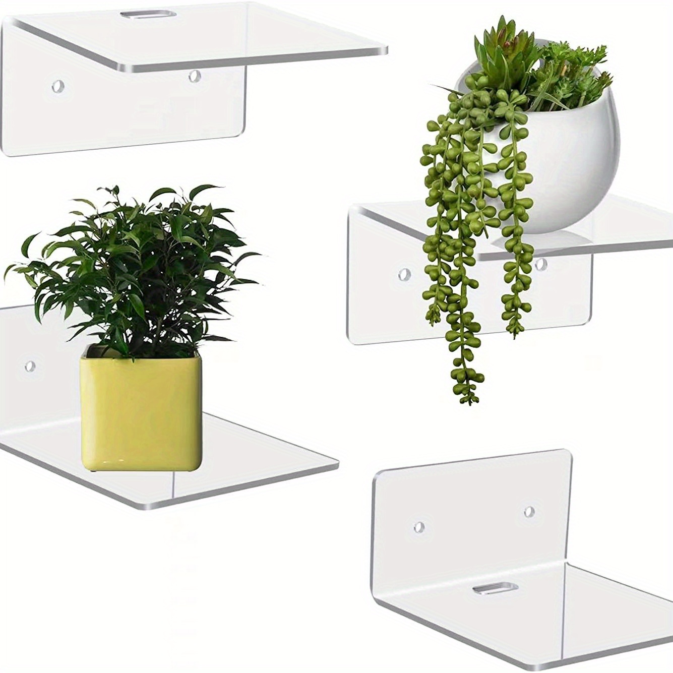 Zhehao 8 Pcs Acrylic Floating Shelves Display Adhesive Wall Shelf Cute  Hanging Plant Wall Shelf with Stickers and Cable Clips for Office Bedroom