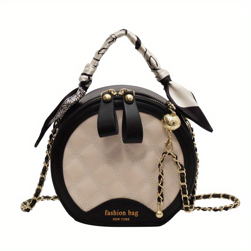 Quilted Circle Bag Double Handle Black Zipper
