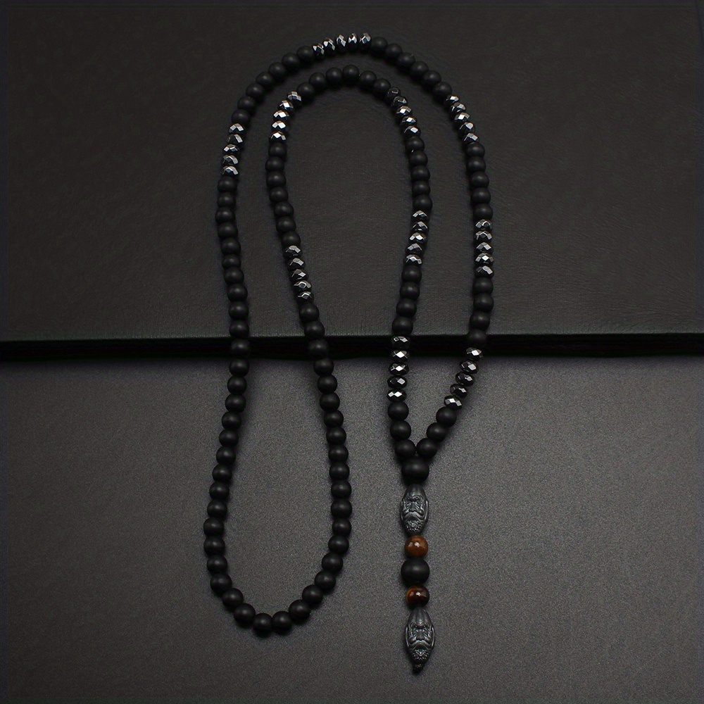 E-shop 6mm Matte Schwarze Runde Perlenkette mit Schwarzen Tigeraug-Anhänger für Herren