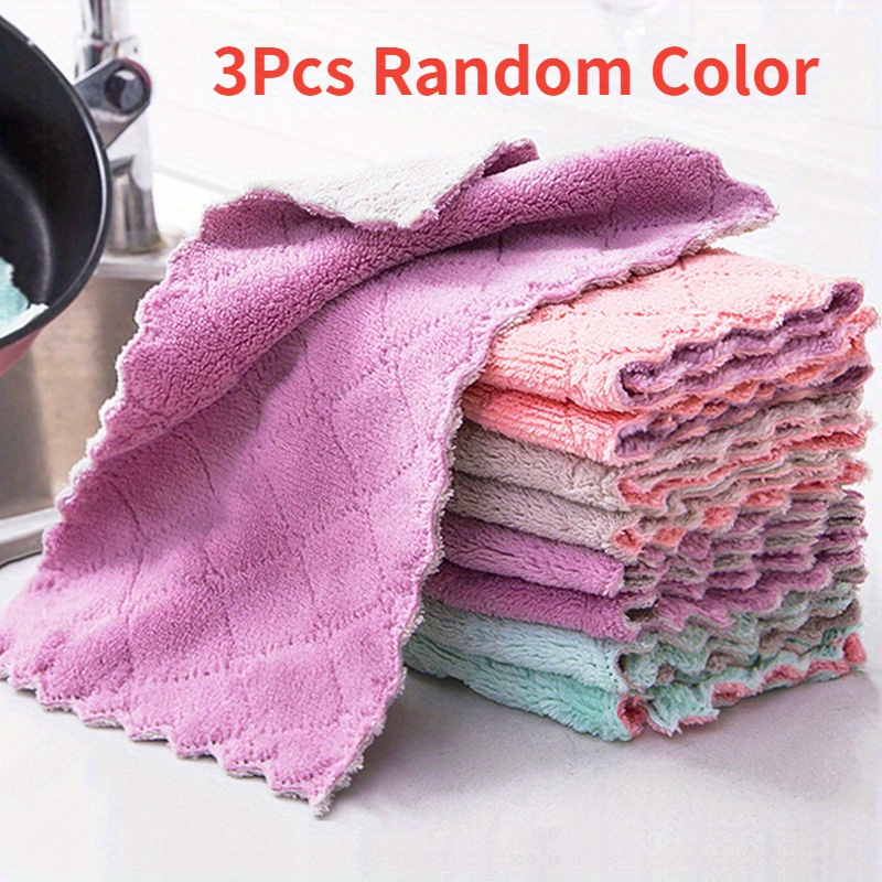 3pcs Random Color Checked Dish Cloths Kitchen Cleaning Absorbent