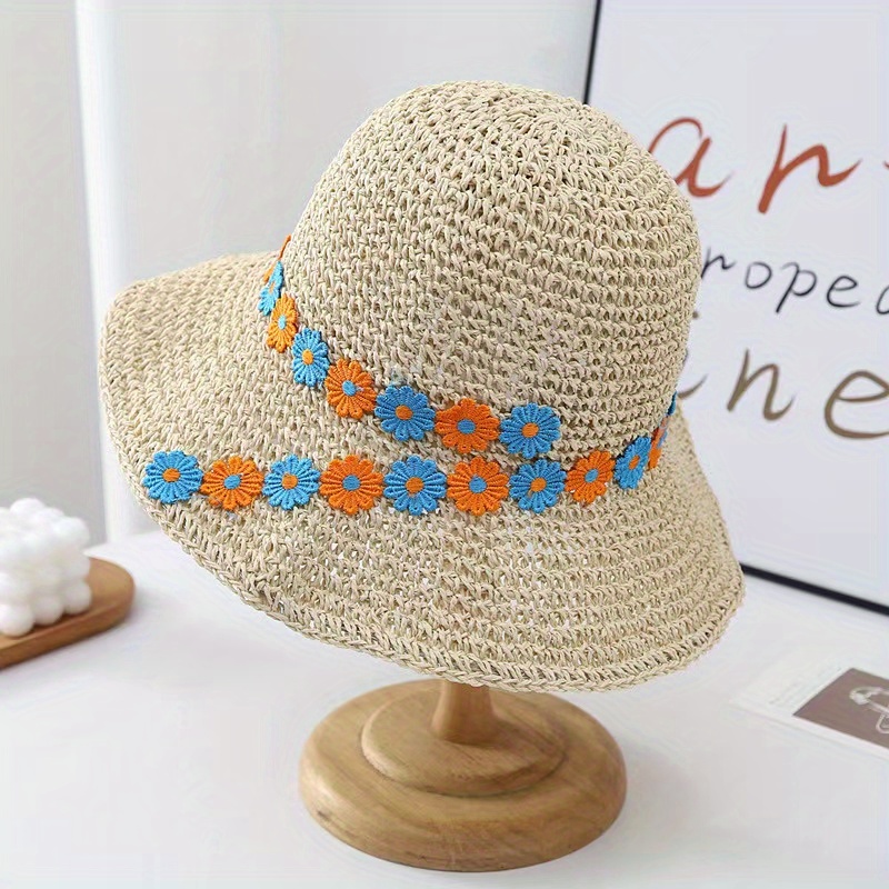 Boho Flower Decor Sun Hat Elegant Hollow Crochet Straw Bucket Hat ...