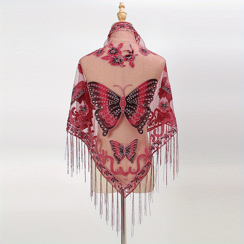 Butterfly Embroidered Tassel Shawl Triangle Scarf Lace Wrap for Party