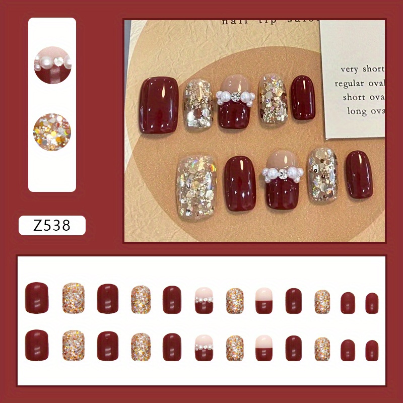 Wine Red Sparkling Wearable Nail Festival Atmosphere New Year Feeling Nail Art Pieces False Nails