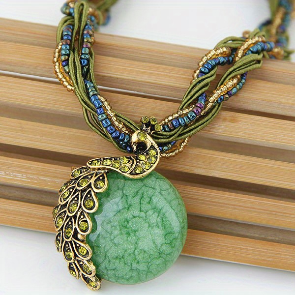 bohemian ethnic style retro leaf peacock gemstone pendant necklace for women girls details 1